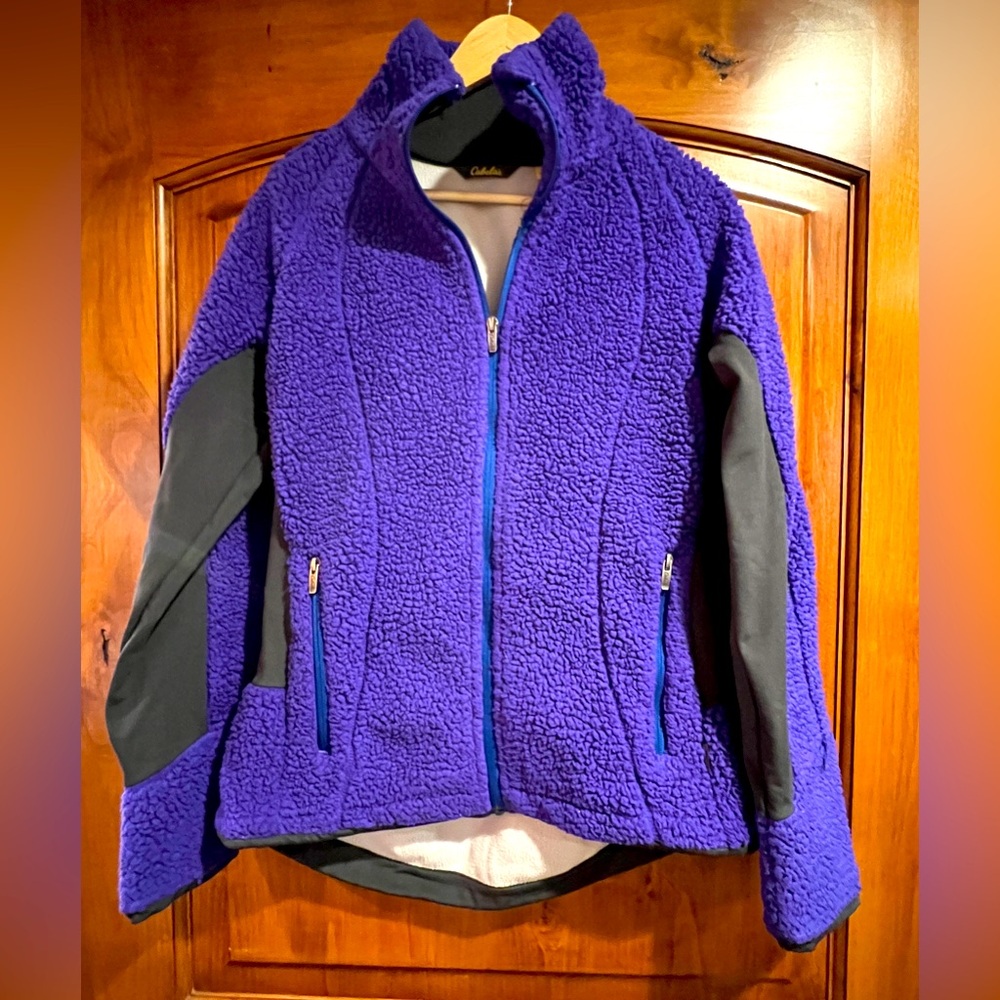 Cabelas Womens' Full Zip Sherpa Fleece Jacket Purple Black Long Sleeve Large EUC